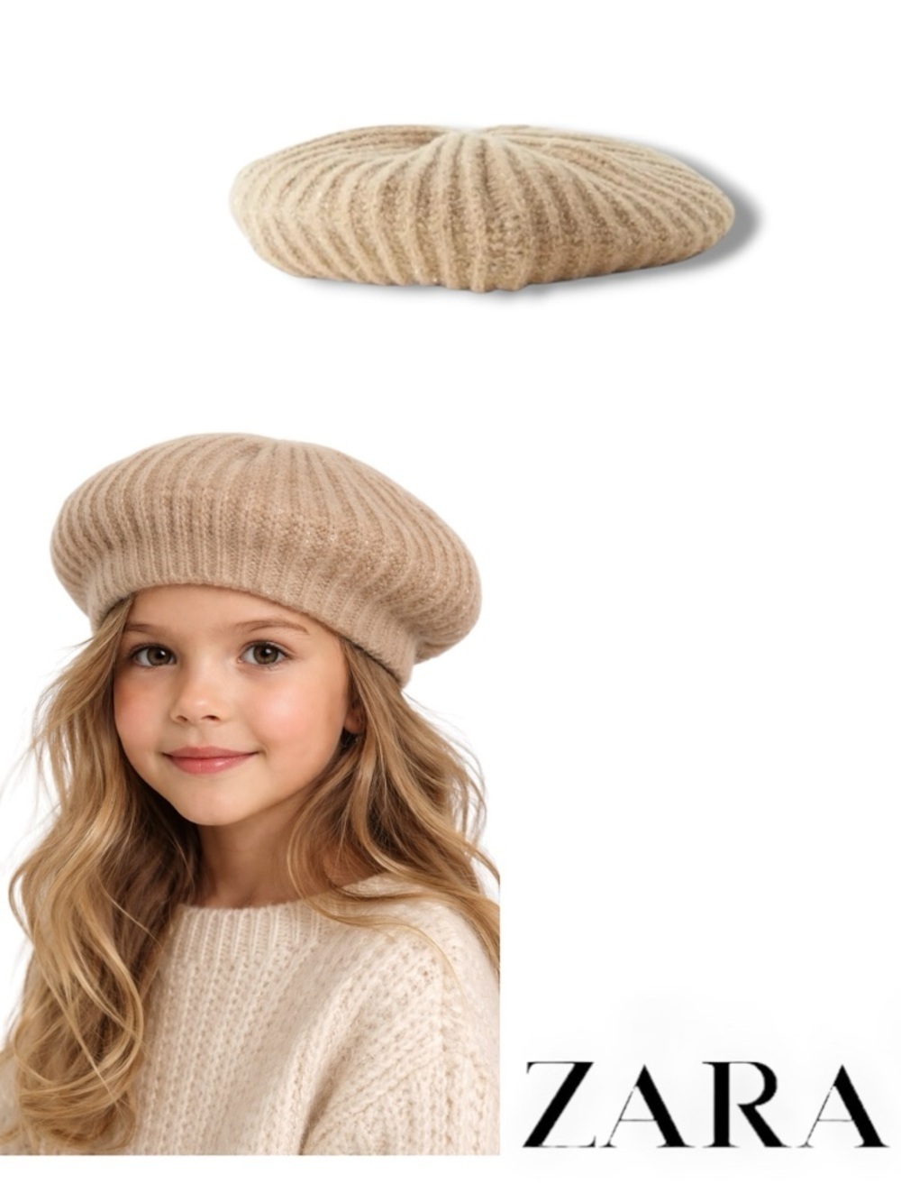 ZARA Kids Beige Sequin Knit Beret NWT Size 10-14